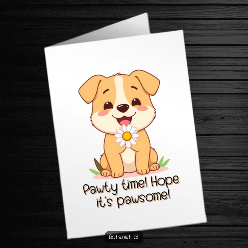 Funny Free Printable Birthday Card: Joyful dog offering a bright daisy, eagerly waiting to celebrate a birthday with a wagging tail.