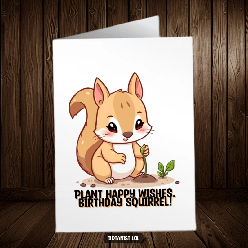 Funny free printable birthday card featuring a curious squirrel with a determined look planting a tiny seed.