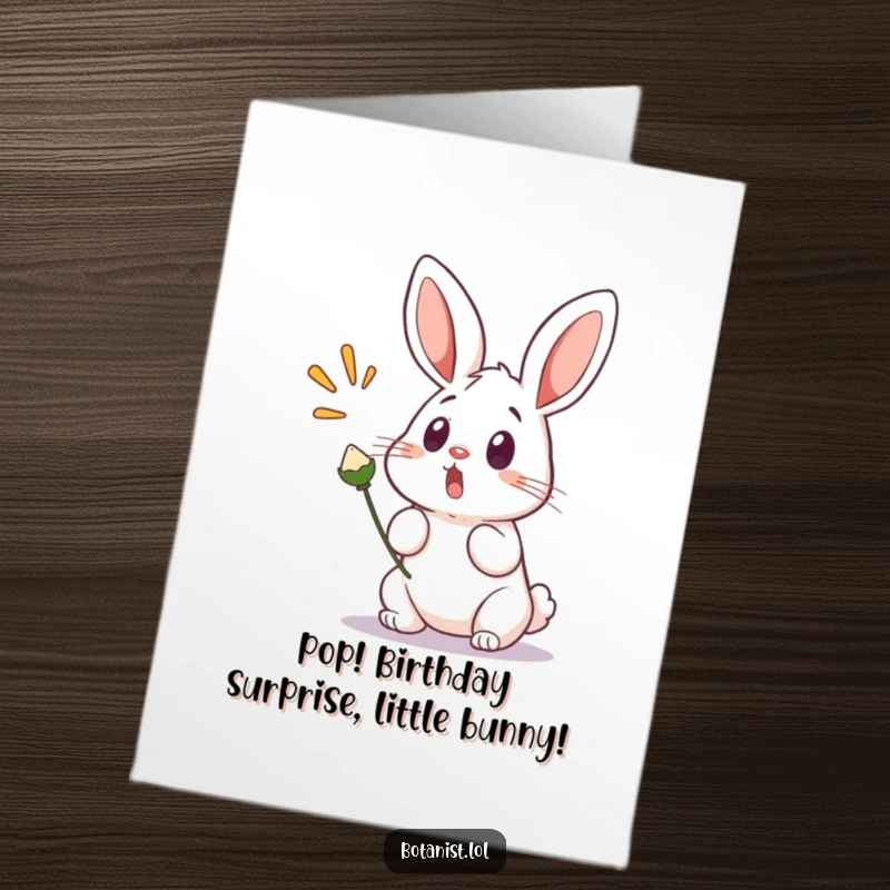 Funny free printable birthday card showing a bunny with wide eyes startled by a seed pod bursting open.
