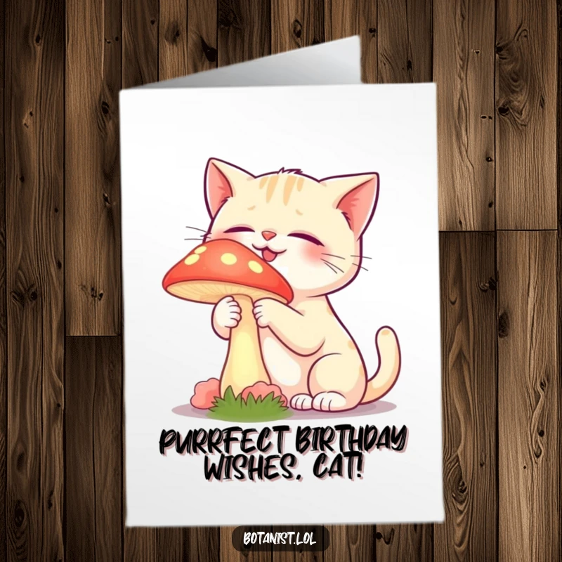 Funny Free Printable Birthday Card: Giggling cat curiously touching a glowing mushroom, magical birthday surprise, great DIY gift.