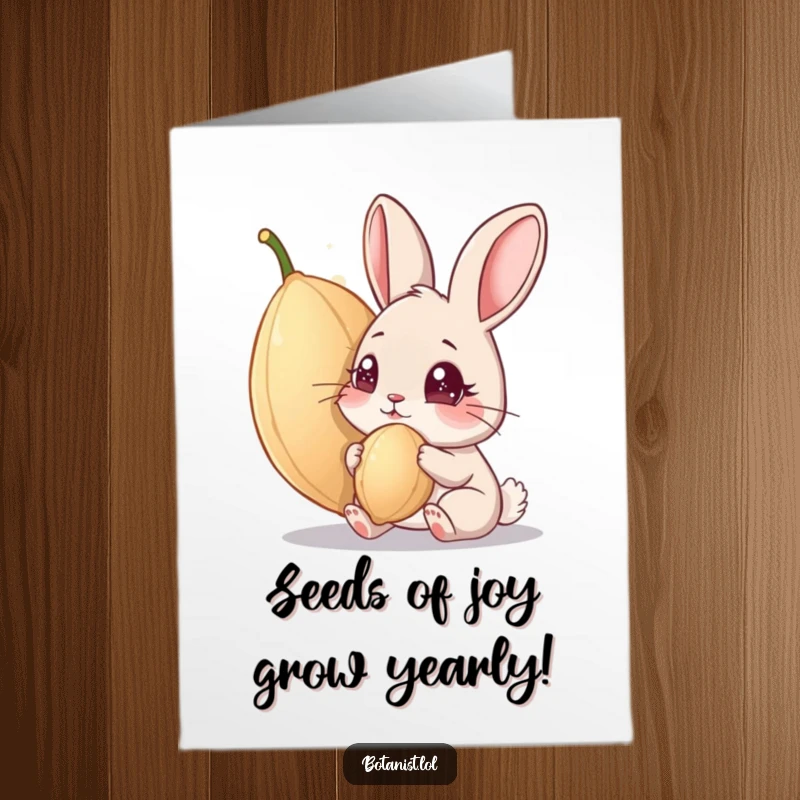 Funny Free Printable Birthday Card: Curious rabbit with sparkling eyes examining an oversized, mysterious seed on their birthday.