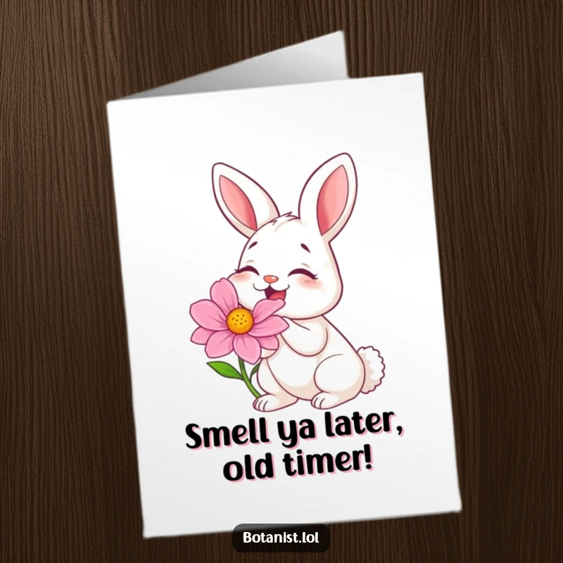Funny Free Printable Birthday Card: Giggling bunny inhaling a giant, colorful flower with pure delight.