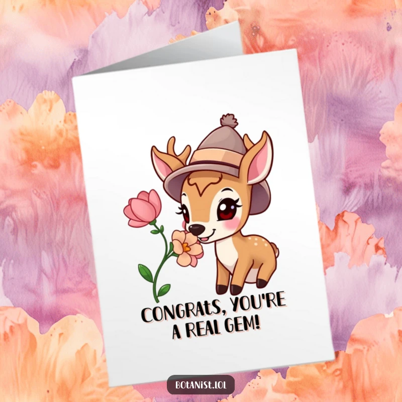 Funny Free Printable Congrats Card: A happy deer sporting a hat, smelling a bright flower, perfect for celebrating achievements.