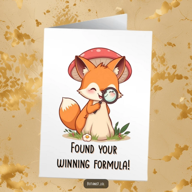 Funny Free Printable Congrats Card: Smiling fox examining a giant mushroom with a magnifying glass, celebrating a significant discovery.