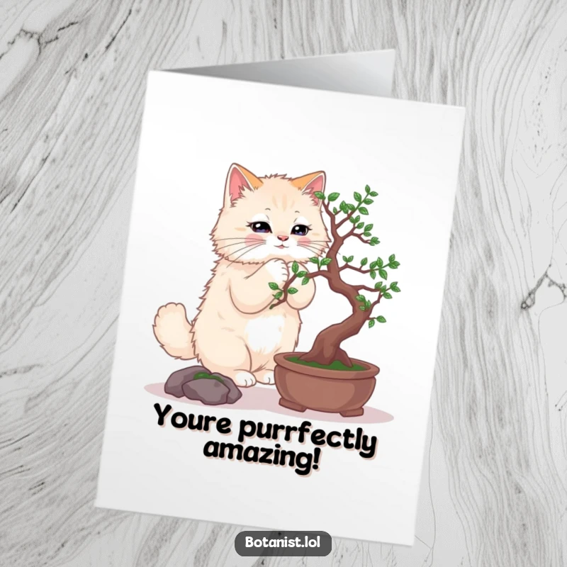 Funny Free Printable Congratulations Card: A fluffy cat delicately trimming a small bonsai tree with precision.