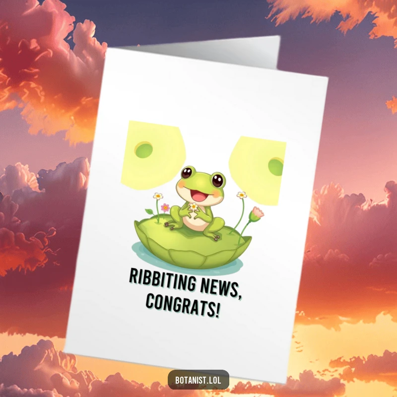 Funny Free Printable Congrats Card: A delighted frog on a lily pad examines tiny flowers, celebrating success beautifully.