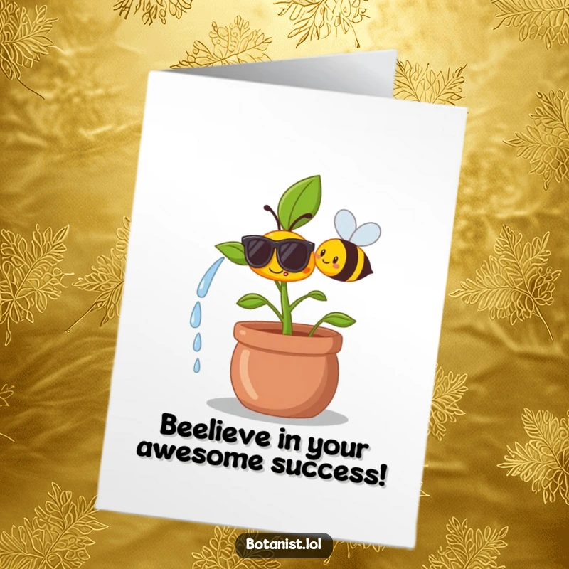 Funny Free Printable Congrats Card: Smiling bee waters a plant sporting tiny sunglasses, celebrating a cool and bright achievement with joy.