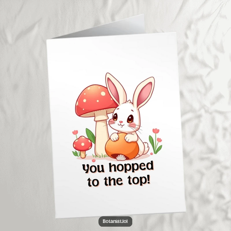Funny Free Printable Congrats Card: A rabbit with wide eyes admires a spectacular, oversized vibrant mushroom, celebrating their grand success.