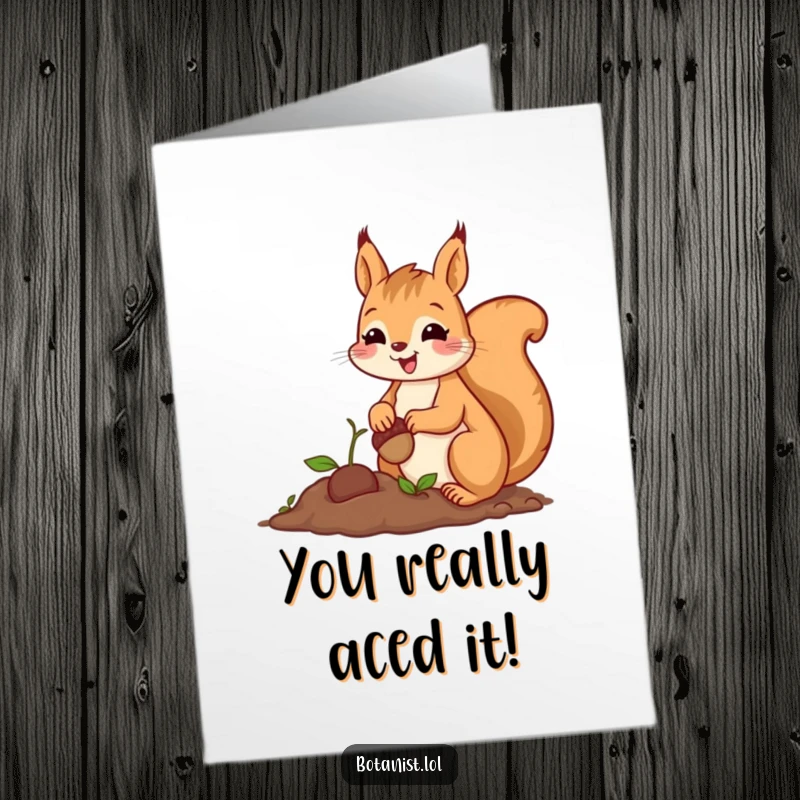 Funny Free Printable Congratulations Card: A cheerful squirrel carefully plants an acorn with a proud smile, signifying growth and success.