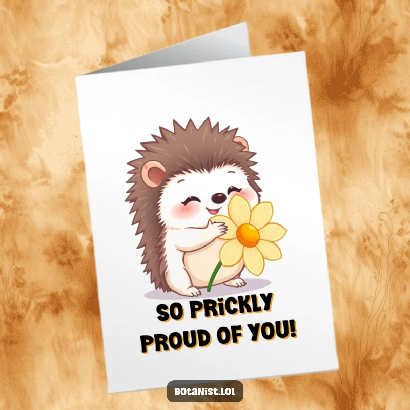Funny Free Printable Congratulations Card: Happy hedgehog giving a single flower a gentle and affectionate hug.