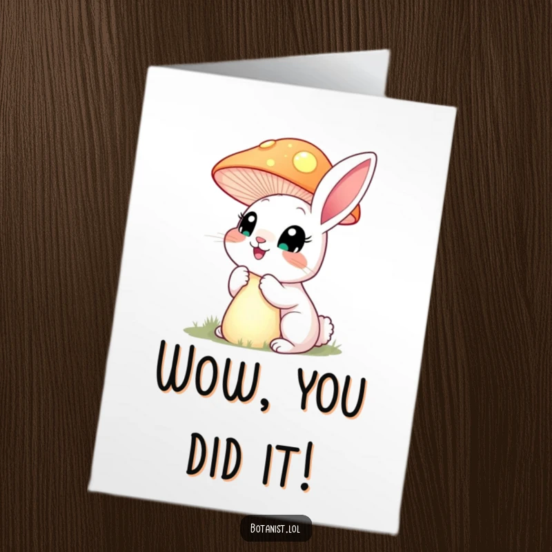 Funny Free Printable Congratulations Card: A happy rabbit gaze in awe at a tall, luminous mushroom, celebrating a wondrous find.