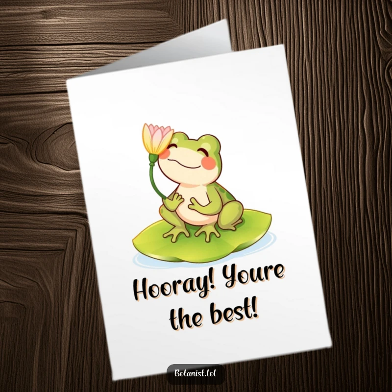 Funny Free Printable Congratulations Card: A happy frog sitting contentedly on a lily pad, admiring a vibrant bloom.