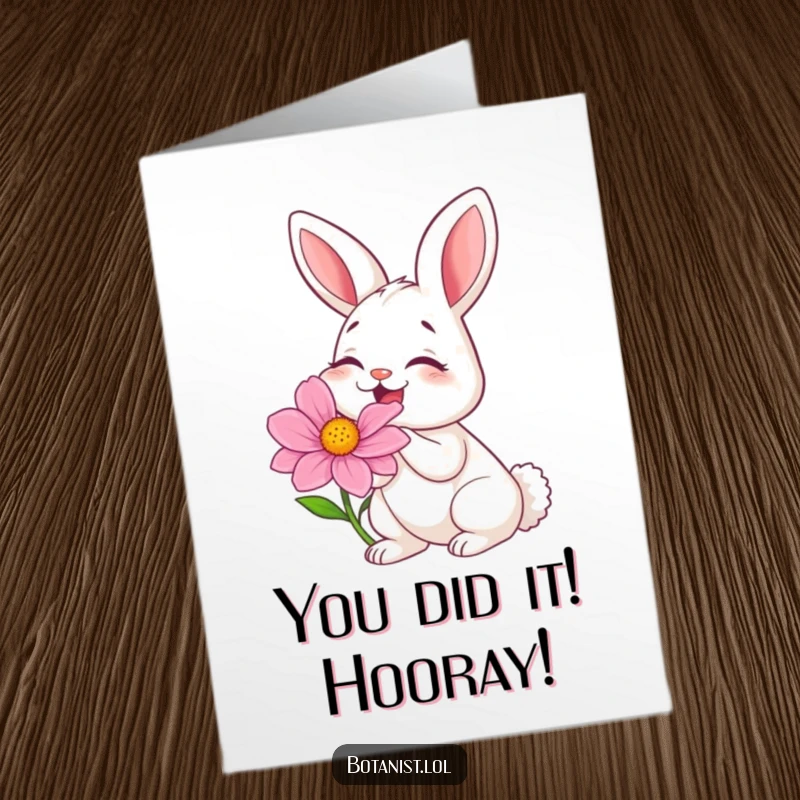 Funny Free Printable Congratulations Card: A giggling bunny joyfully smelling a huge, vibrant flower.