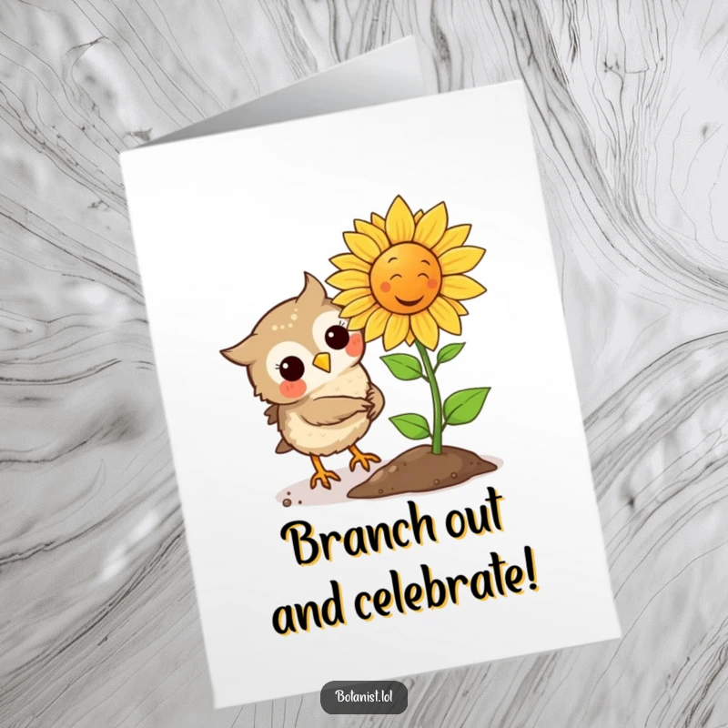 Funny Free Printable Owl Congratulations Card: Owl plants a seed, a laughing sunflower instantly sprouts, celebrating success with humor.