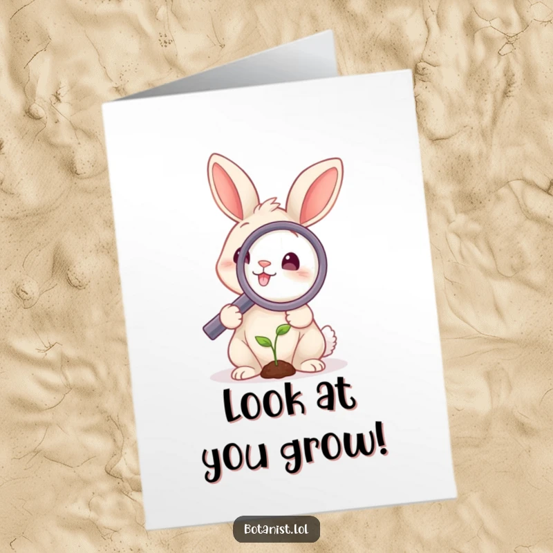Funny Free Printable Congratulations Card: A smiling rabbit uses a giant magnifying glass to examine a very tiny, new sprout.