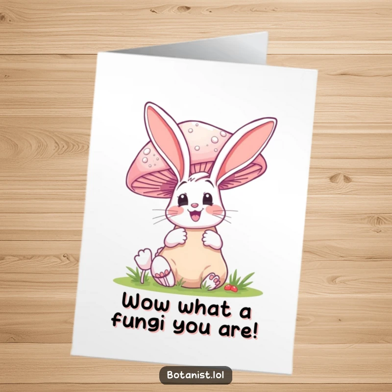 Funny Free Printable Congratulations Card: Excited bunny discovers an enormous mushroom, celebrating an amazing achievement.