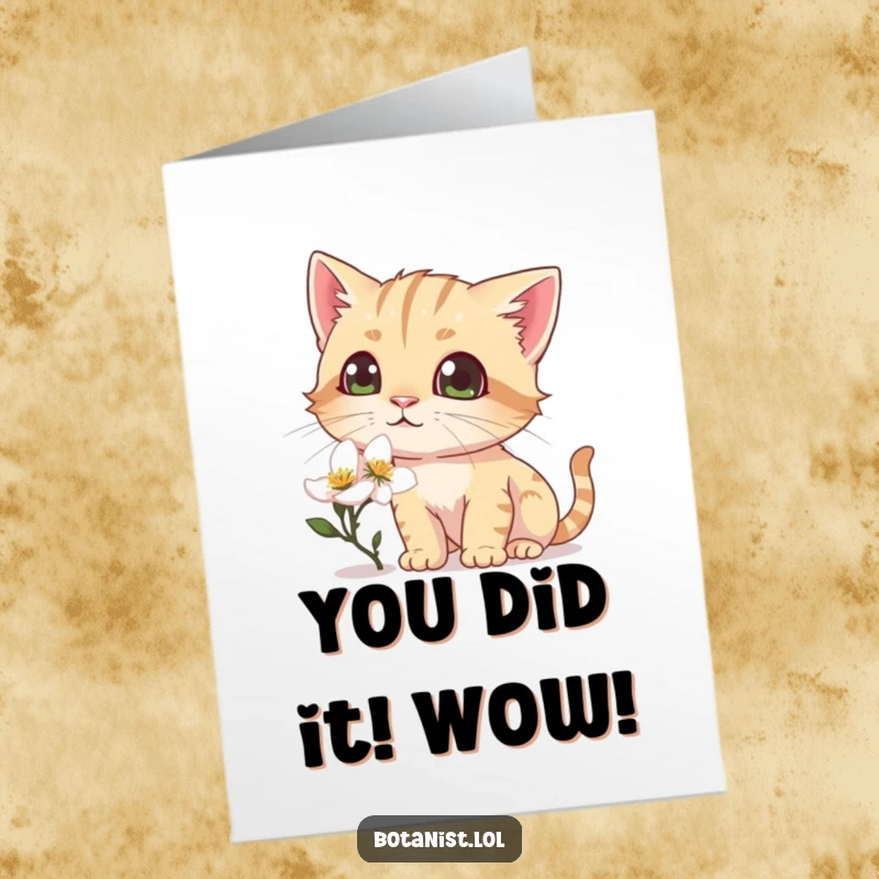 Funny Free Printable Congratulations Card: Amused cat investigating a dew-kissed blossom, eyes sparkling with playful wonder. Great DIY gift.