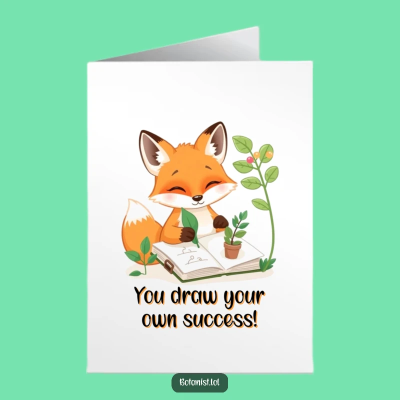 Free Printable Congrats Card: Fox Artist & Leaf - Celebrate Creativity with Humor!