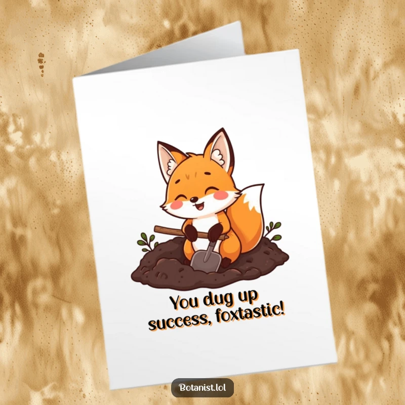 Funny Free Printable Congratulations Card of a joyful fox holding a trowel and digging in dark soil, celebrating success.