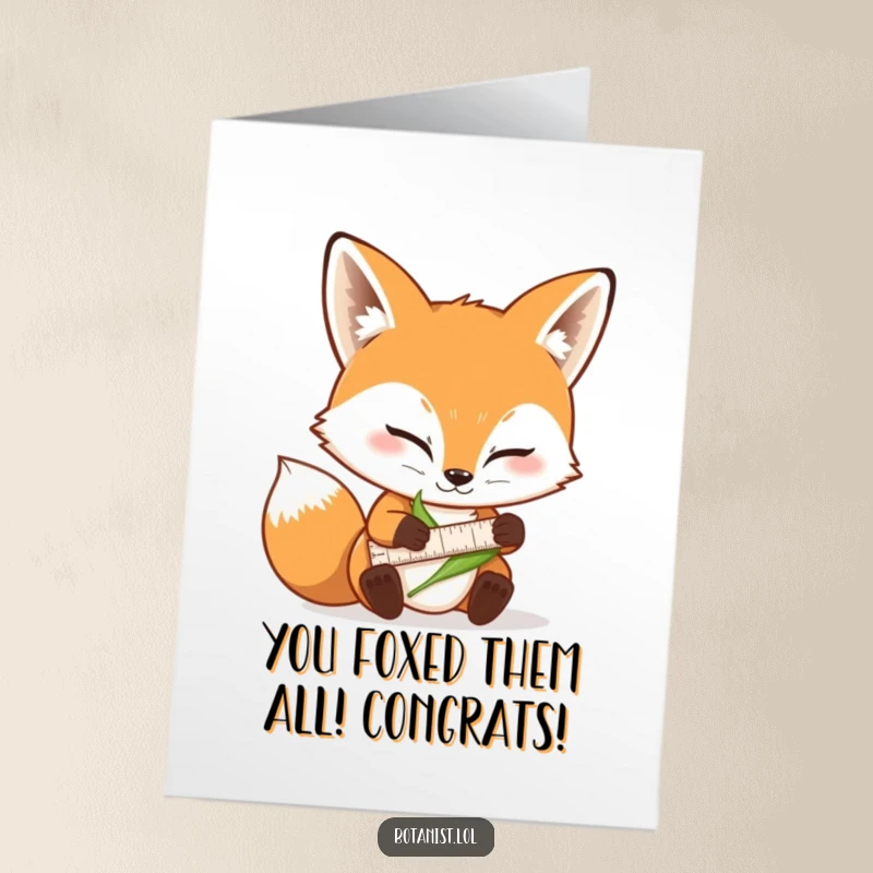 Funny Free Printable Congratulations Card: Focused fox precisely measuring a leaf, celebrating a congratulatory moment with detailed accuracy.