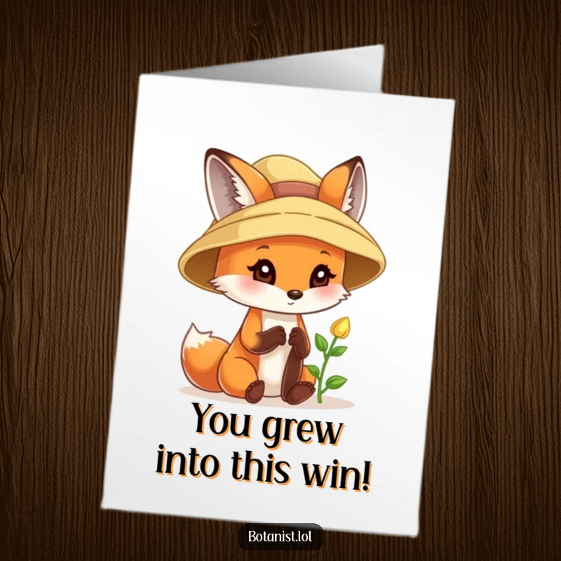 Funny Free Printable Congratulations Card: A curious fox wearing a sunhat, delightedly examining a tiny sprout, celebrating new success.