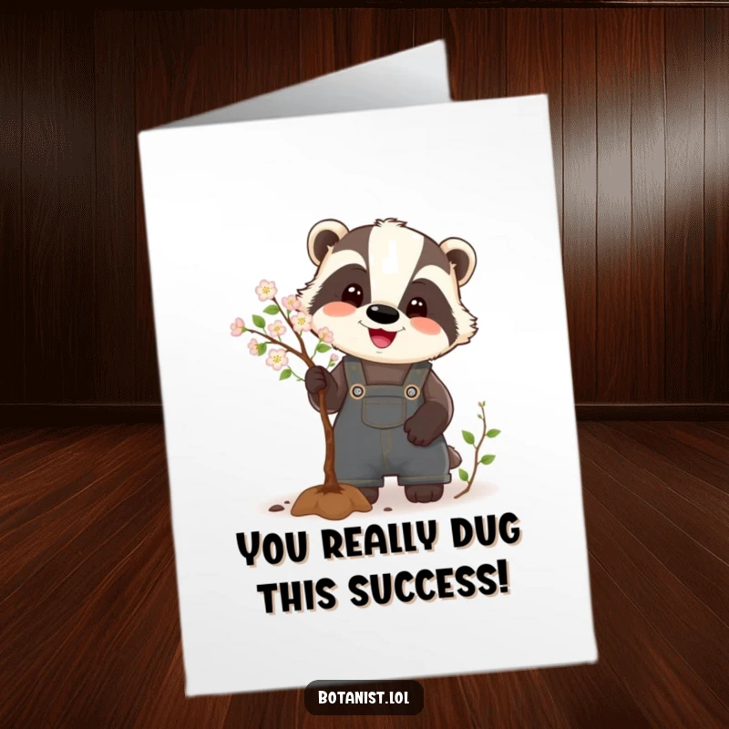 Funny Free Printable Congrats Card: Happy badger tending a small tree, celebrating success with humor.