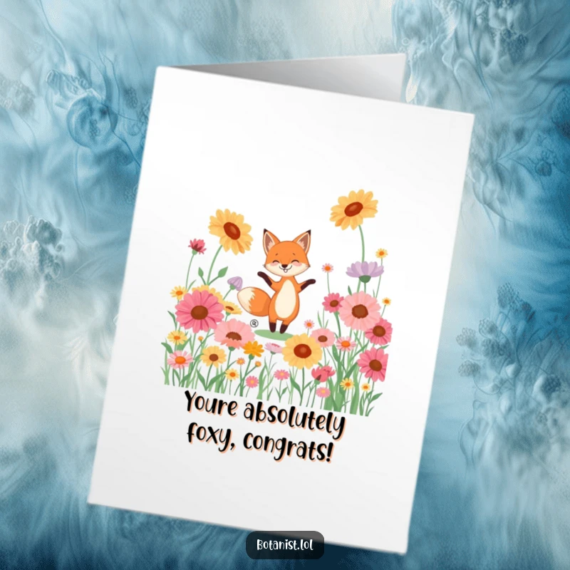 Funny Free Printable Congratulations Card: A happy fox dances exuberantly amidst a field of giant, colorful wildflowers, celebrating success.