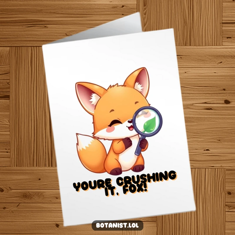 Funny Free Printable Congratulations Card: Joyful fox cub magnifying a leaf, symbolizing discovery and attention to detail.