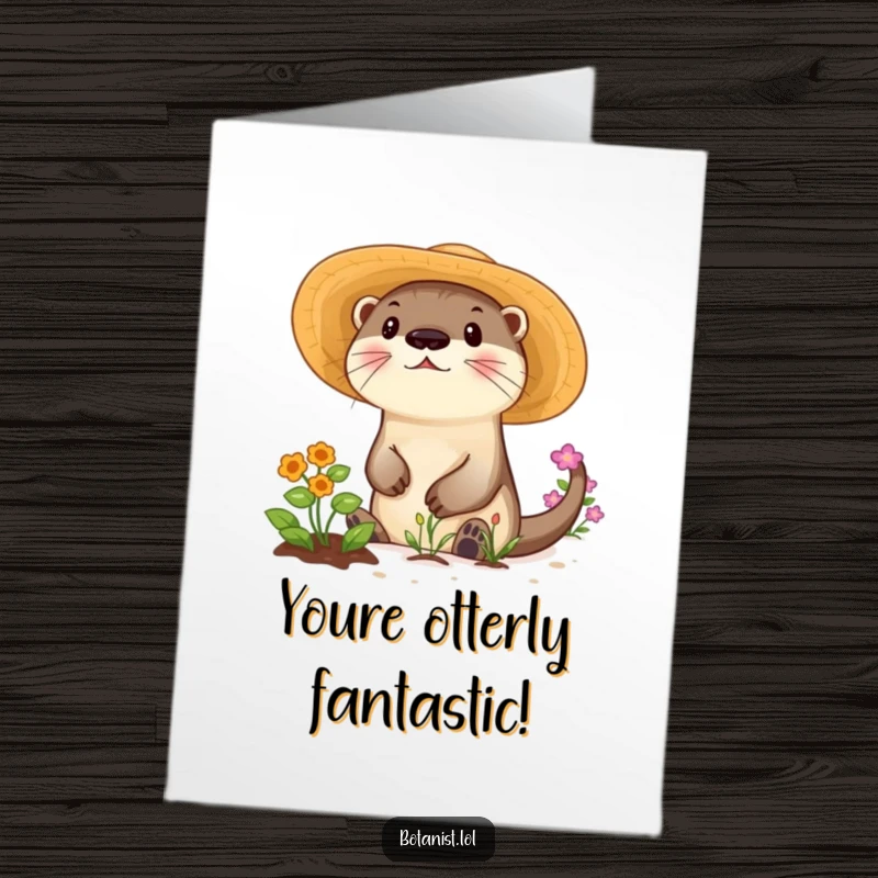 Funny Free Printable Congratulations Card: A playful otter wearing a sunhat, tending to a small garden patch.