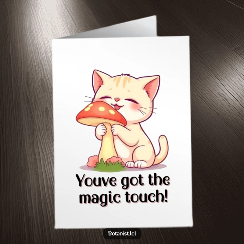 Funny Free Printable Congratulations Card: Cat giggling while touching a glowing mushroom, celebrating discovery, perfect downloadable gift.