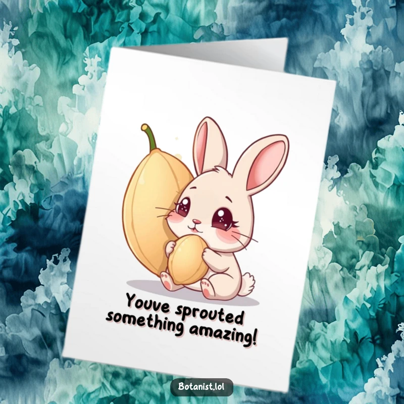 Funny Free Printable Congrats Card: A curious rabbit intensely studying a huge seed, signifying a big accomplishment.