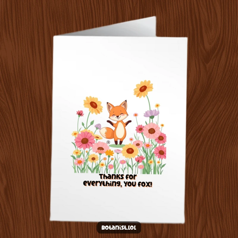 Funny Free Printable Thank You Card: A playful fox dances through giant flowers, expressing heartfelt thanks with joy.