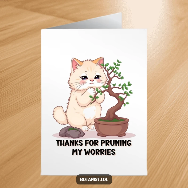 Funny Free Printable Thank You Card: A fluffy cat carefully pruning a miniature bonsai tree with a delicate touch.