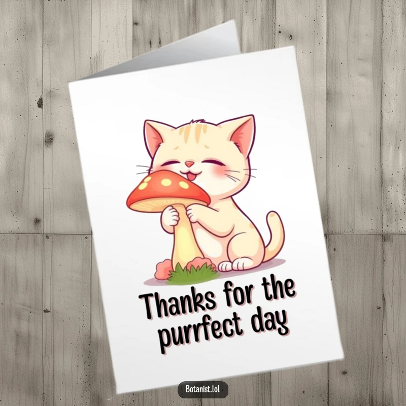 Funny Free Printable Thank You Card: Giggling cat touching a glowing mushroom, expressing thanks with curiosity, great DIY gift.