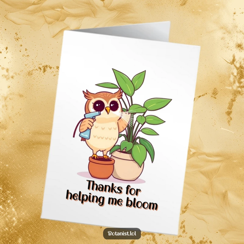 Funny Free Printable Thank You Card: Curious owl showering a large plant with water, a gesture of thanks.