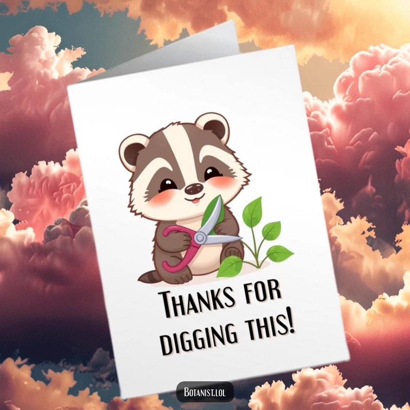 Funny Free Printable Thank You Card: A smiling badger gently prunes a leaf with small shears, showing care and thanks.