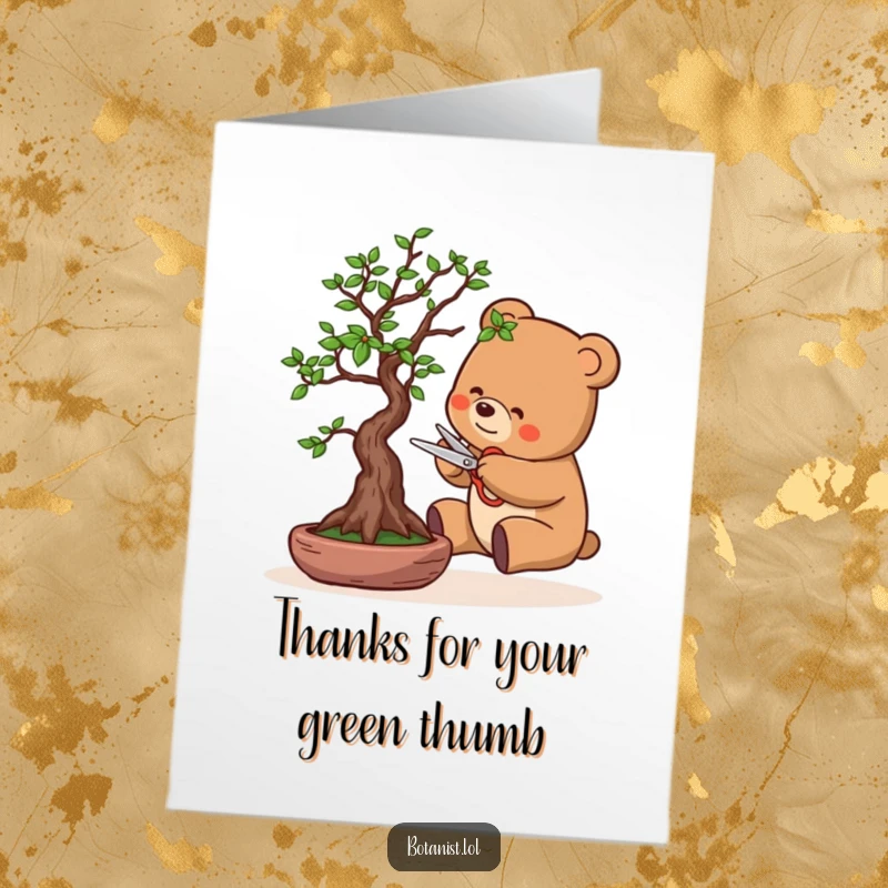 Funny Free Printable Thank You Card: A bear focused on pruning a bonsai tree with tiny scissors.