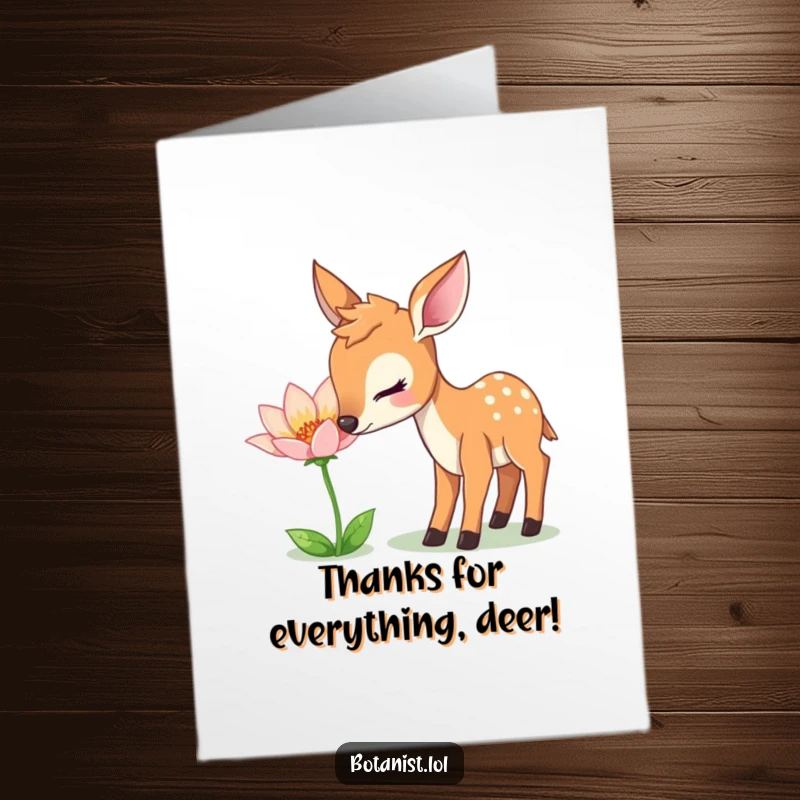 Funny Free Printable Thank You Card: Deer curiously sniffs a shimmering flower, a gentle DIY thank you card.