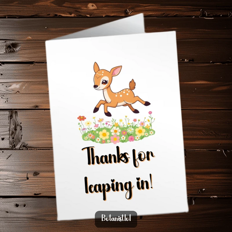 Funny Free Printable Thank You Card: A deer leaping through wildflowers, its eyes sparkling with thanks.
