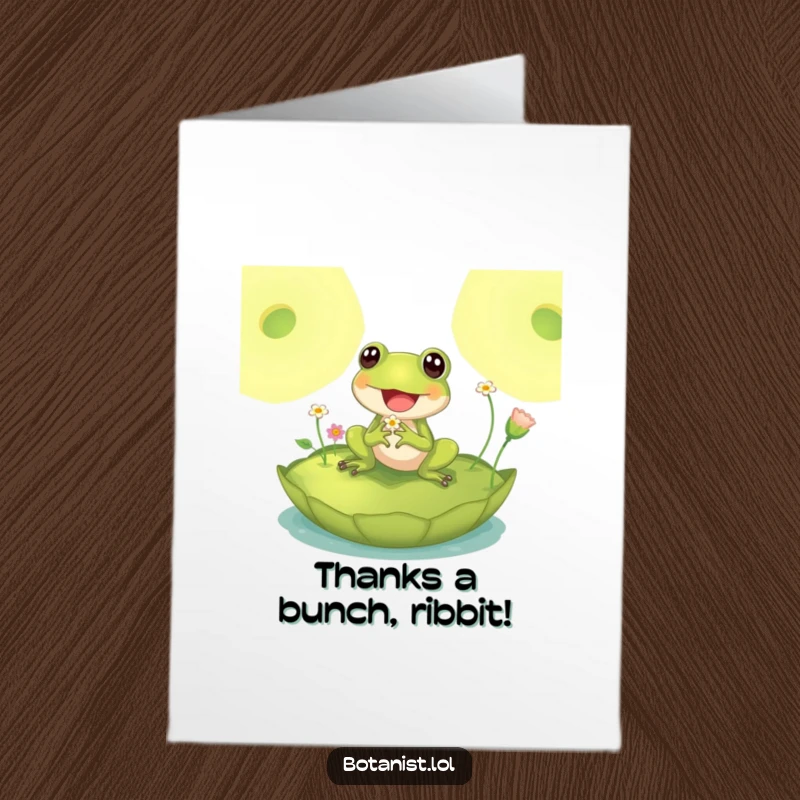 Funny Free Printable Thank You Card: A delighted frog on a lily pad inspects tiny flowers, offering thanks with a smile.