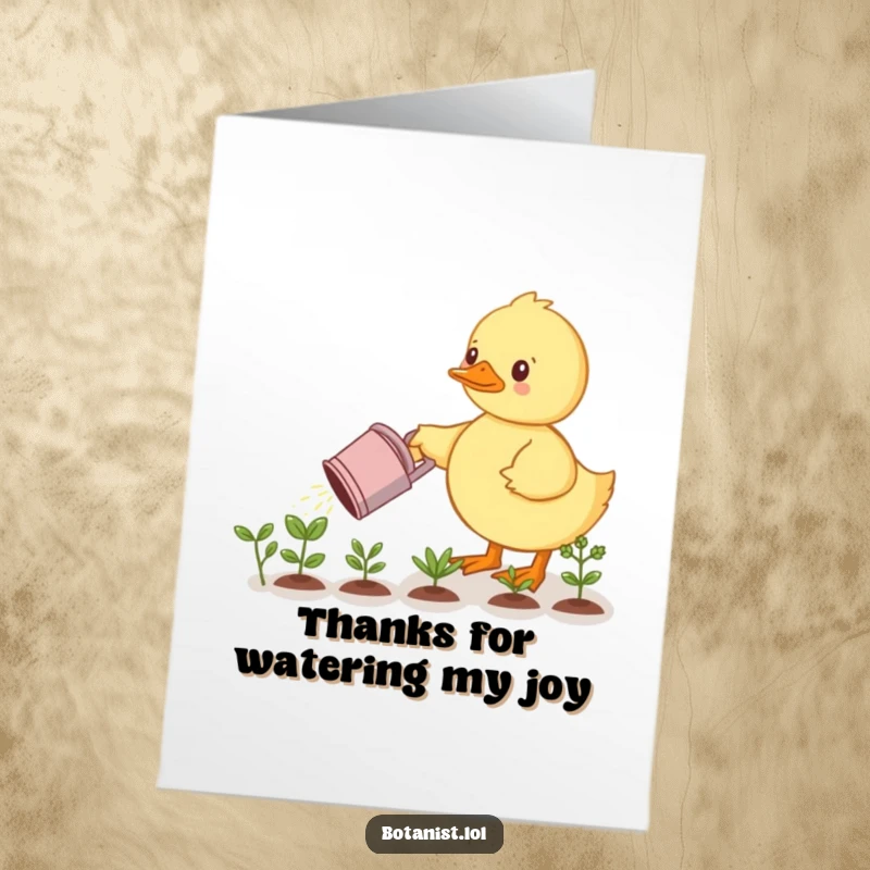 Funny Free Printable Thank You Card: A cute duckling with a watering can tending to a small row of healthy, miniature plants.