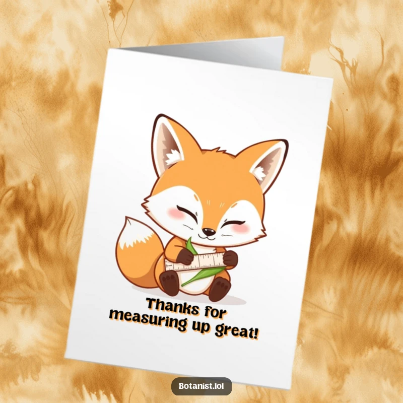 Funny Free Printable Thank You Card: Determined fox using a ruler to measure a leaf, a comical way to express thanks.