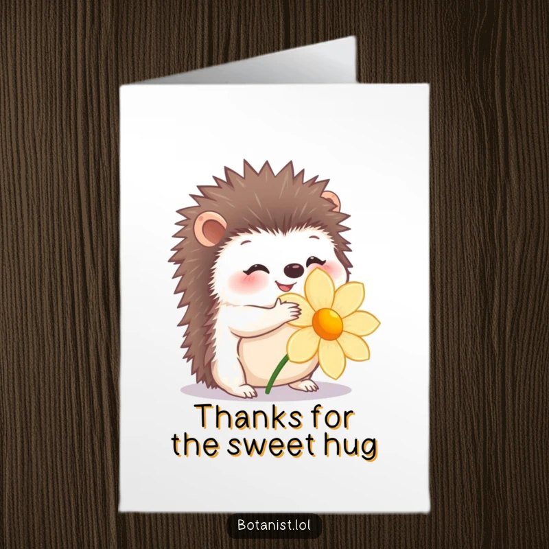 Funny Free Printable Thank You Card: Happy hedgehog tenderly hugging a flower, symbolizing a warm thank you.