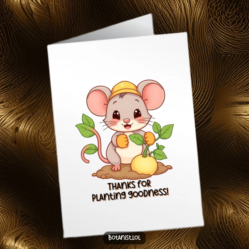 Funny Free Printable Thank You Card: A happy mouse planting a giant seed, a symbol of thanks.