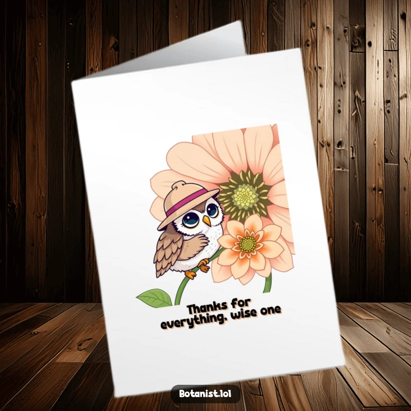 Funny Free Printable Thank You Card: A cute owl in a hat looks intently at a huge, blooming flower, a perfect way to say thanks.