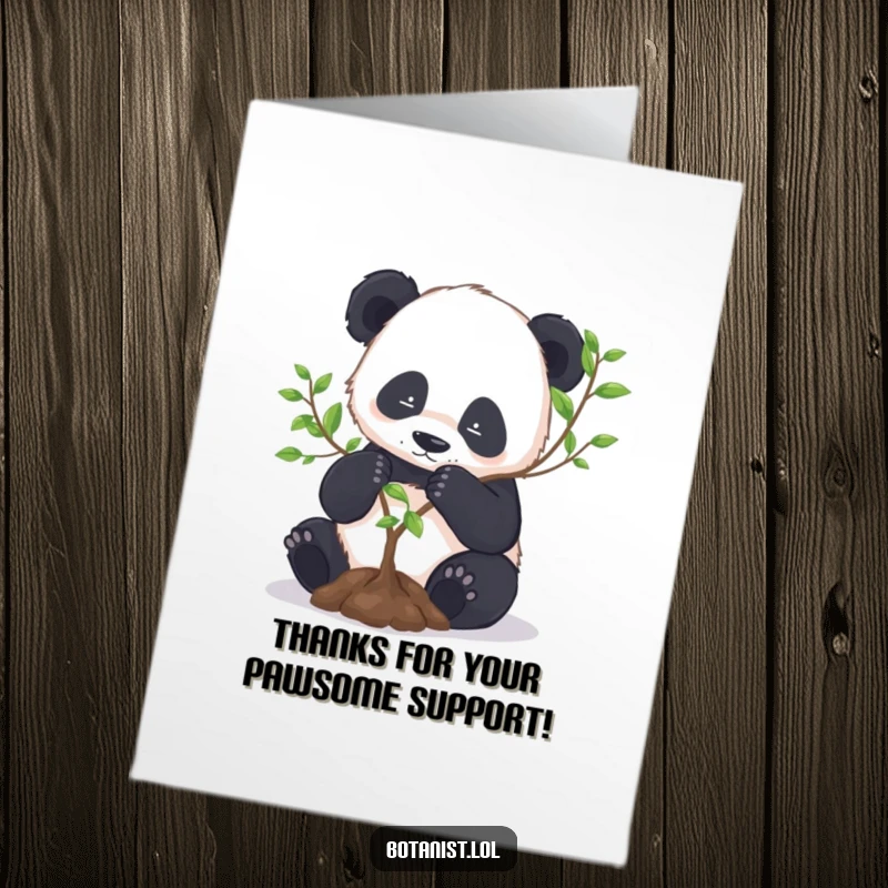Funny Free Printable Thank You Card: A focused panda lovingly repots a small tree, expressing deep gratitude with gentle paws.