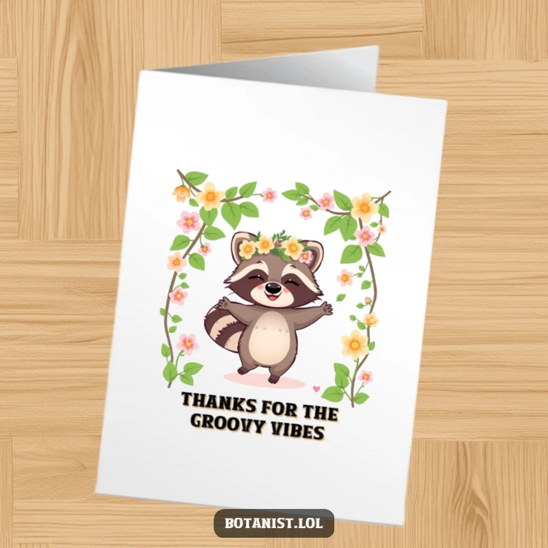 Funny Free Printable Thank You Card: Giggling raccoon dancing among vines, thankful dance, downloadable greeting.