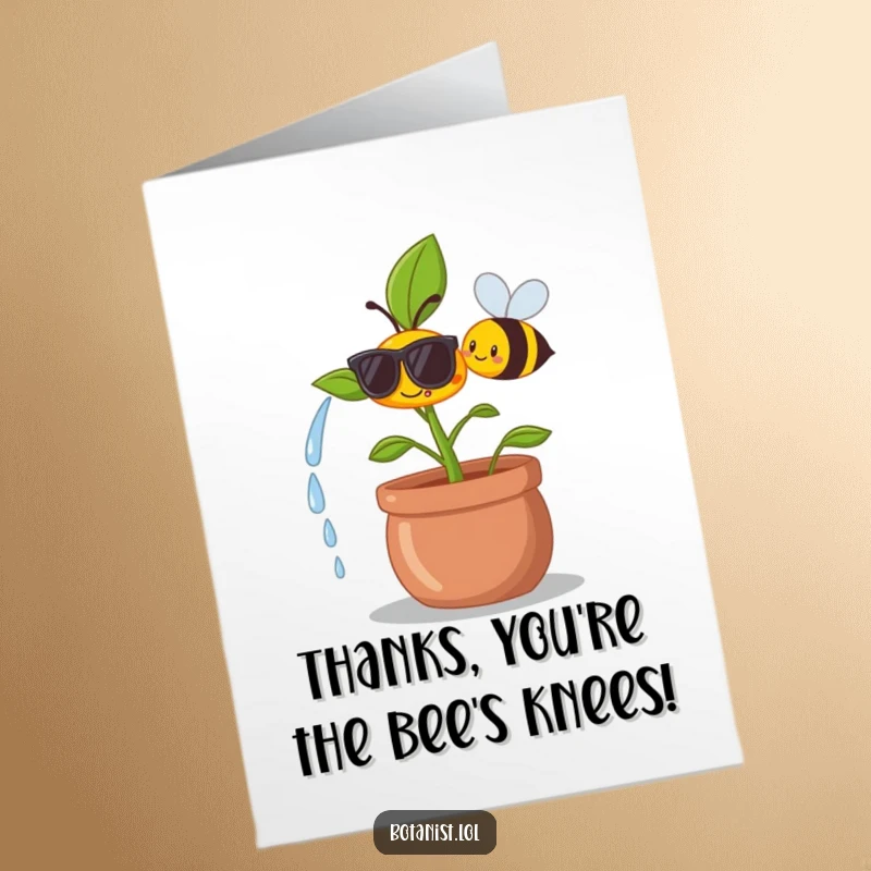 Funny Free Printable Thank You Card: A bee watering a plant that wears cool sunglasses, conveying thanks with a cheerful, stylish vibe.