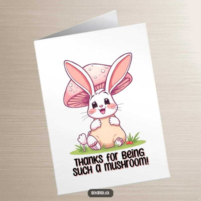 Funny Free Printable Thank You Card: A bunny shows gratitude with a surprised look at a giant mushroom.