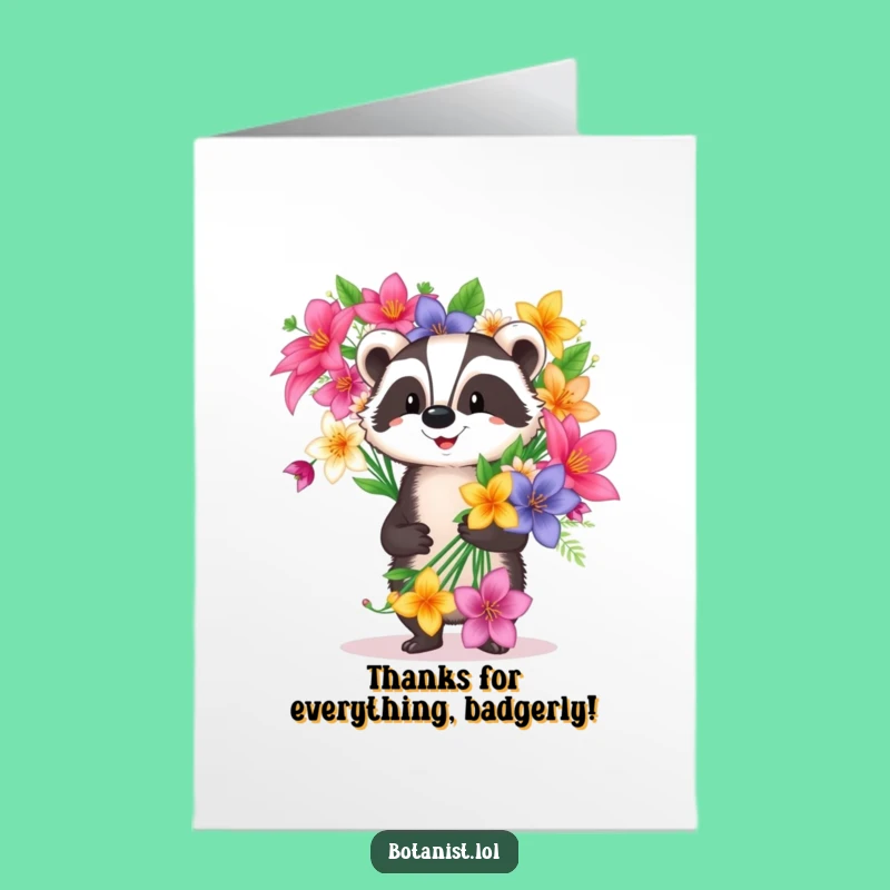 Happy Badger Thank You Free Printable Card - Funny Flowers Downloadable Gift